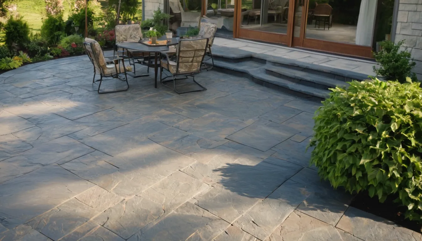 A stamped concrete patio with outdoor seating behind a home in the Friendswood area
